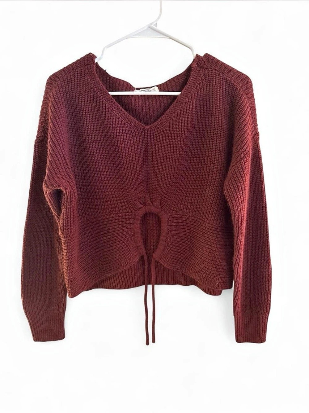Free People Burgundy V-Neck Drawstring Sweater